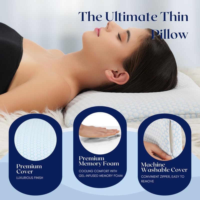 Dormyo Ultra Thin Orthopedic Ergonomic Memory Foam Pillow with with Premium Washable 400 GSM Cover and 200 GSM Inner Cover, Size (25.5" x 16.5" x 1"). (Pack of 1)