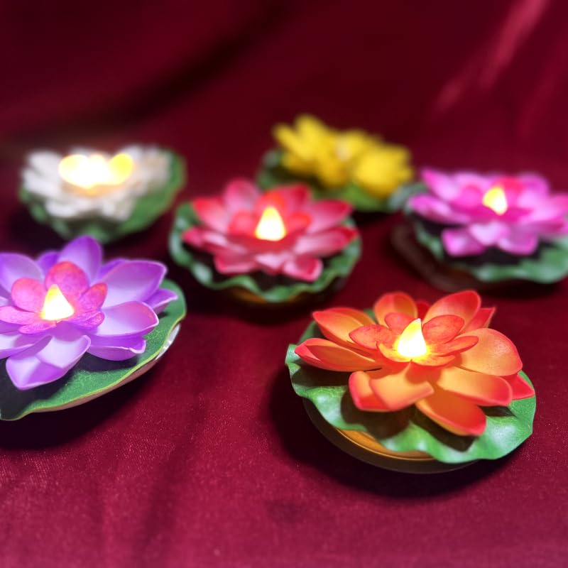 Set of 6 Water-Sensitive Floating Diyas with Lotus Flower Design - Smokeless and Flameless LED Candles for Pools, Ponds, Glass Water Bowls, Diwali Decorations, and Home Decor. (3)