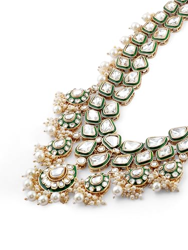 ZAVERI PEARLS Green Meenakari Kundan Bridal Long Dazzling Necklace Earring Maangtikka Set For Women-ZPFK17761