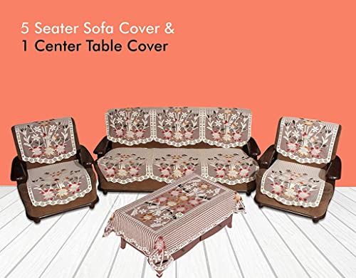 Yellow Weaves Polyester Floral 5 Seater Sofa Cover Set with 1 Center Table Cover (Off White) - 7 Pieces
