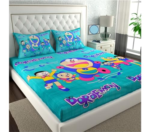 KOUNDAL Rajasthani Jaipuri Traditional Sanganeri Doraemon Print 144 TC 100% Cotton Double Size Bedsheet with 2 Pillow Cover