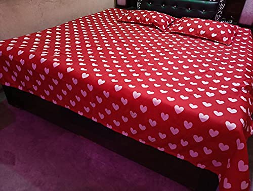 Home Trade Ashok Enterprises Designer 3D Love Heart Printed Polycotton Double Size Cotton Bedsheet with 2 Pillow Cover for Bedroom/Living Room (Red)