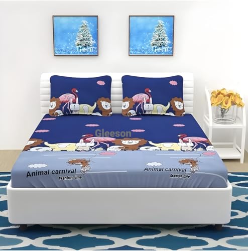 Gleeson 300 TC Fitted Bedsheets Queen Size 78x60 Inch for Kids Bed Room|Double Bedsheet Cotton Queen Size|Fit Upto 8 Inch Mattress|Animals Print|Elastic Bedsheets for Double Bed with 2 Pillow Covers