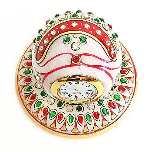 Handicraft Kingdom White Marble Table Clock | Ethnic Design Gold Painted Handmade Round Beautiful Meenakari Work Plate Watch with Ganesh Chowki| Approx Size (4 x 4 Inch) & Wt (600 Gm) Pack of 4