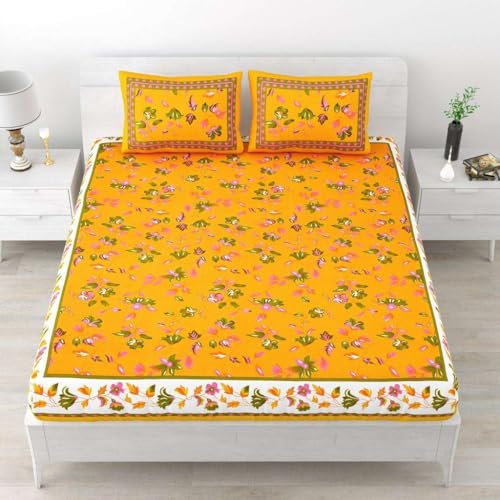 140Tc Pure Cotton Double BedSheet with Two Pillow Covers | 90 X 100 Inches |EXL-325|(Yellow)