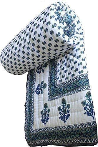 GEMS FABRIC NOMAN Traders Traditional Famous Jaipuri Beautiful Floral Print in White and Blue Jaipuri Rajai/Razai/Quilt Double/Double Bed Quilt/Comforter/AC Quilt/AC Comforter