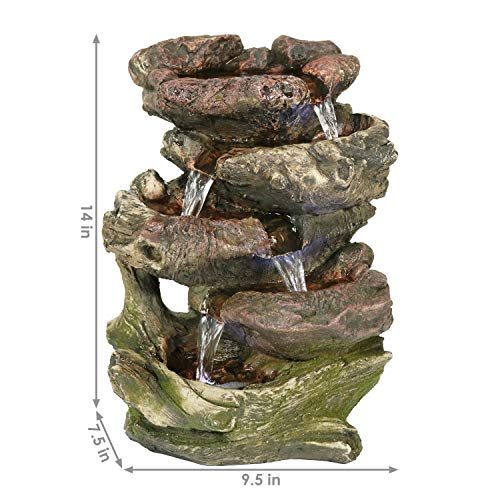 Sunnydaze 5-Step Rock Falls Tabletop Fountain with LED Lights, 14 Inch Tall