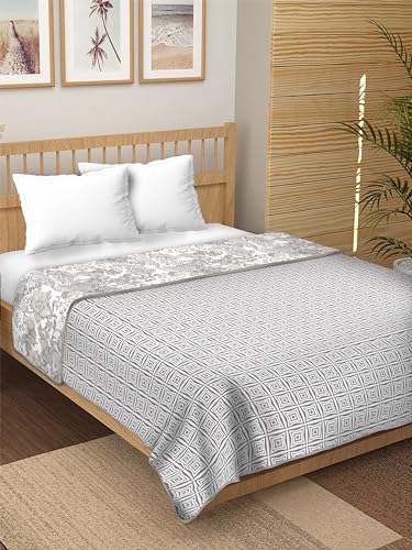 Dream Dwell 100% Pure Cotton Reversible Dohar/AC Blanket for Double Bed |All Weather Light Weight | Floral Design and Patterned Double Bed Dohar,Grey and White- Pack of 1