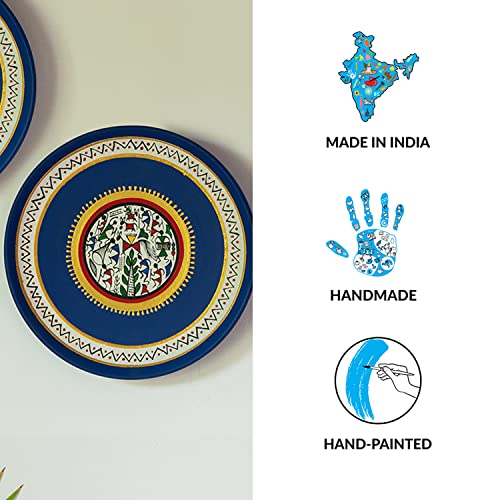 ExclusiveLane 'The Warli Tales' Handpainted Terracotta Decorative Wall Plates Decor Hanging Wall (8 inch, Set of 2, Blue)