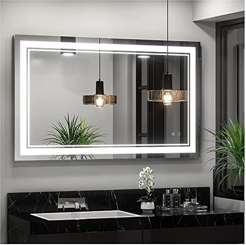 TANGYOAK Led Mirror with Imported Touch Sensor Large Front Light Mirror (18 x 24 inch) (WhiteLight+WarmLight+Cool Day Light) (Rectangular, Framed, Wall Mounting).