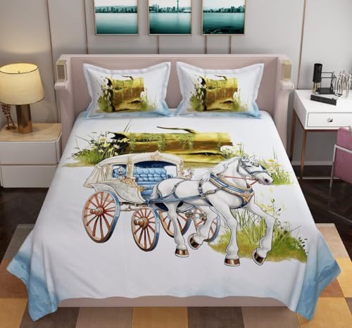 Blenzza Deco™ 250TC Pure Glace Cotton Digital Panel Printed Flat Double Bed Sheet with 2 Pillow Cover (Horse)