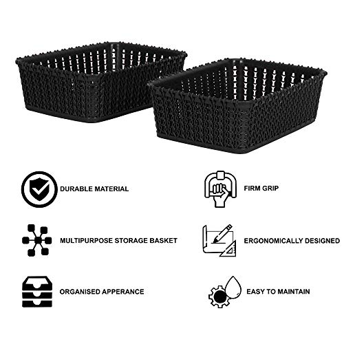 Cutting EDGE Plastic Multipurpose Sturdy Storage Baskets for Cosmetics Office Fruit Vegetable Bathroom Stationary Home Basket with Handle - (Black, Set of 2, Mini)