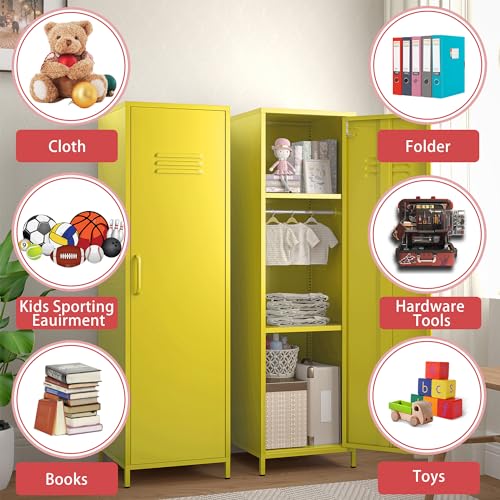 erosoei 1 Door 51.3" Metal Locker Storage Cabinet Steel Kids Wardrobe Changing Room Locker Cabinet Box with 2 Adjustable Shelves Steel Locker File Cabinet Organizer for School Gym Home Office