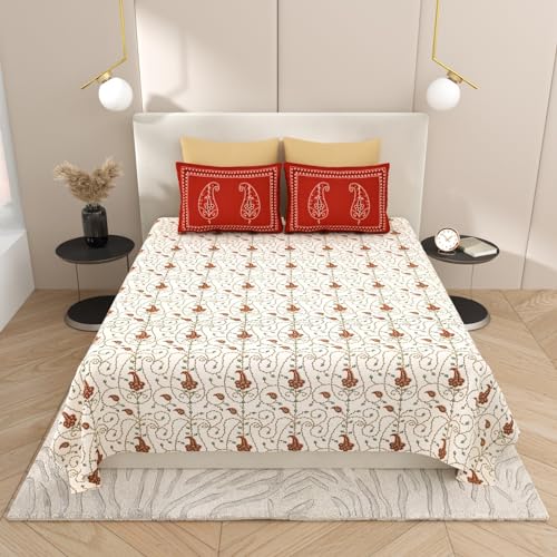 Qfab Cotton Floral Printed Double Bedsheet with 2 Pillows Covers Bedsheet (White)