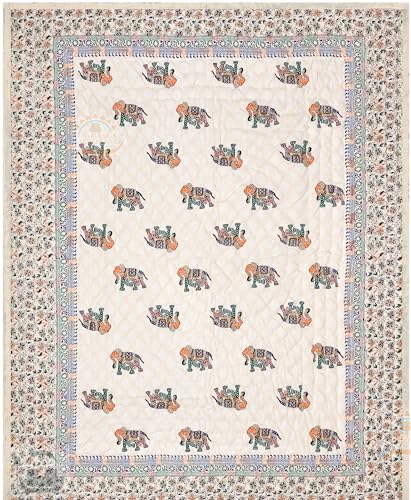 PINAARAS INTERIOR 400 Tc Pure Cotton Traditional Jaipuri Animals Design Printed Light Weight Single Bed Quilt/Razai/Rajai (Animal Print, Set of 2 Elephant)