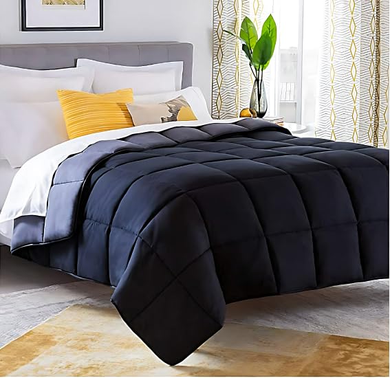 KUMBAKARAN Microfibre Mild Winter Abstract Printed Reversible 150 GSM Single Bed Comforter Blanket Light Weight Quilt Duvet, Navy Blue & Grey