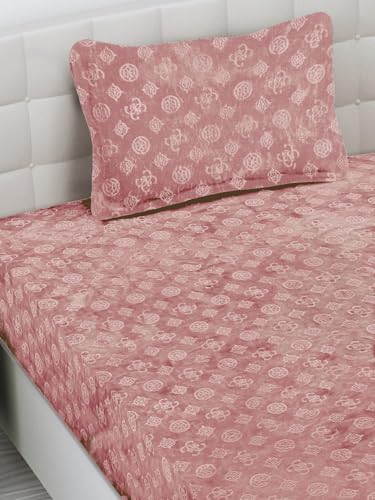 FABINALIV Peach Geometric 300 TC Woollen Embossed Single Bedsheet with Pillow Cover (FLWSBS-1038-Peach)