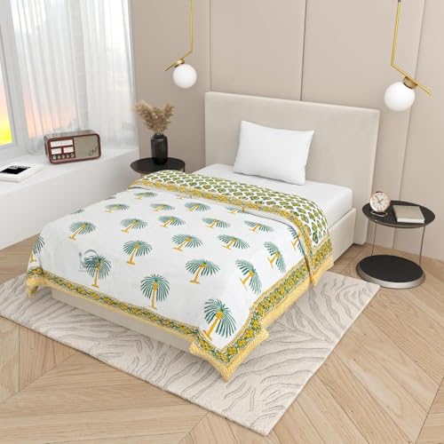 AARMOZY Cotton Jaipuri Razai Single Bed Hand Block Floral Buta Bail Print Quilt Blanket - PURPAL/Green (Single Bed B)