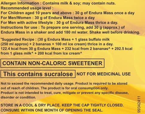 Endura Mass Weight Gainer Powder 500g Banana Flavour | Unique blend of 3 Sources of Protein, Carbs, Vitamins & Essential Minerals | Ideal for Children Above 10 Years, Men, Women & Athletes