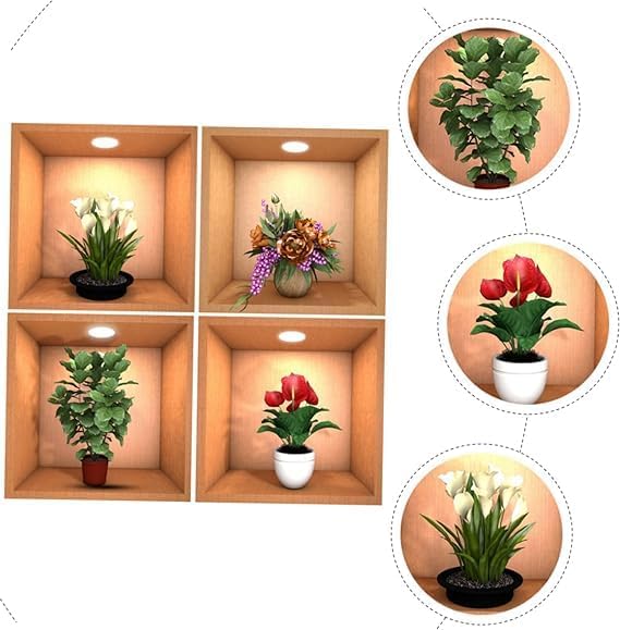 HEBEZON 3D Flower Wall Sticker - 4 Pcs New Creative Simulation Green Plant Pot Stickers, Self Adhesive Waterproof Wall Paper Decorative Stickers for Living Room, Bedroom, Hallway, Office