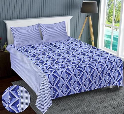 Kuber Industries Double Bedsheet|Cotton 120 TC Luxury Printed Soft & Lightweight Bedsheet with 2 Pillow Covers (Blue & White)