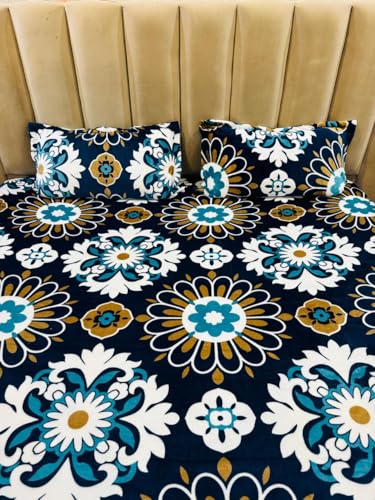 Furnistitchs Warm Flannel Bedsheet for Double Bed Elastic Fitted with 2 King Size Pillow Covers 78x72 inches - Winter Bedsheets Queen Size Bedspread (Blue Traditional, Double Fitted)