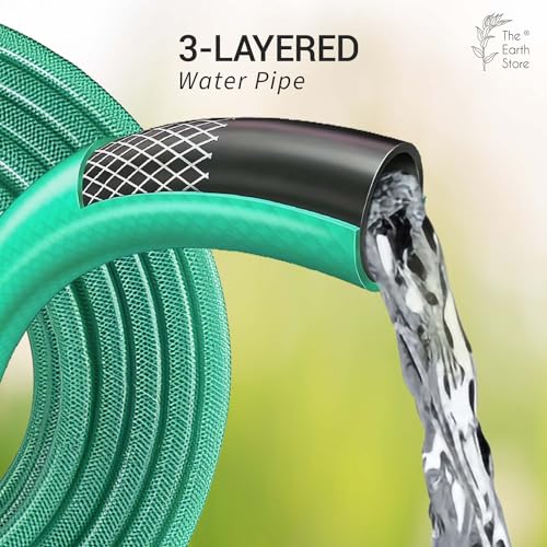 The Earth Store Heavy Duty 3 Layered 05 Meter 0.75 Inch PVC Green Braided Water Pipe for Garden with Hose Pipe Nozzle & 2 Clamps for Outdoor-Indoor Use Car Washing, Cleaning, Watering Garden Pipe