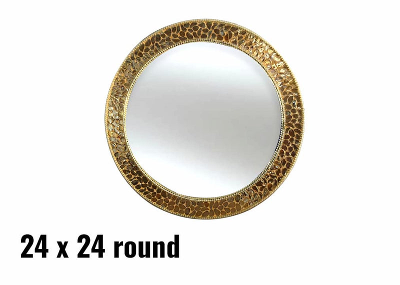 Beautiful Engraved Pearl Designed Beveled Round Wall Mirror with Elegant Sturdy Frame - ( 24 X 24 Inches, Gold)