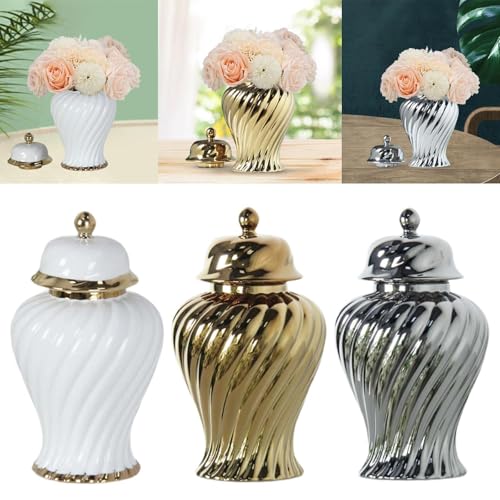 ILSMYSUTRA® Ceramic Flower Vase Ceramic Ginger Jar with Lid for Bookshelf Party Entrance White