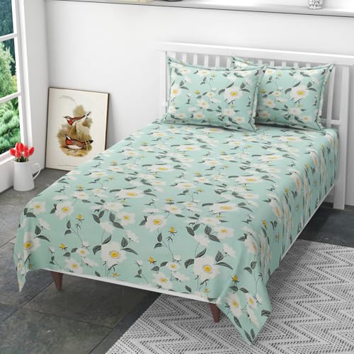 MEGA CART HOME 220 TC 100% Cotton Feel Bedsheet for Fitted Single Bed with 2 King Size Pillow Covers Soft/Breathable Wrinkel Free -48x72 Inches -Green Floral