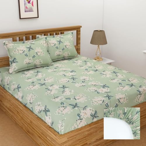 YaAkholic 220 TC Elastic Fitted Double King Size Bed Cotton Bedsheets with 2 Pillow Covers - King Size 78" x 72" Lruxurious Bedding Set for Ultimate Comfort and Style (Green, King (78 x 72))