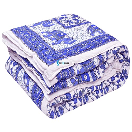 WOODSY Jaipuri Razai Organic Pure Cotton Jaipuri rajai Ac Quilt for All Season Reversible Soft Light Weight Rajasthani Cotton Quilt Summer and Winter (Blue Elephant Pack of 1 Single Bed 60 X 90 Inch)