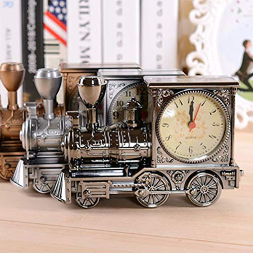 FAVOMOTO Silver Retro Train Clock Model Train Locomotive Clock Table Time Clock Steampunk Decoration Home Office Shelf Train Model Time Clock