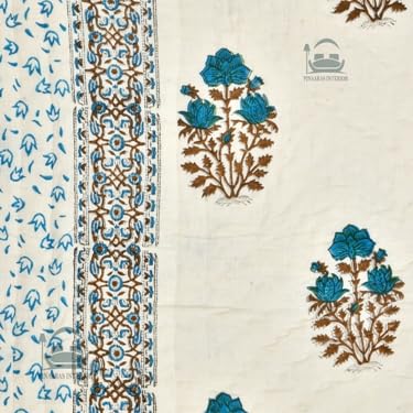 PINAARAS INTERIOR Cotton Jaipuri Razai Single Bed Hand Block Floral Buta Bail Print Quilt Blanket - Sky/Brown (Double Bed F) (90X108INCHES)