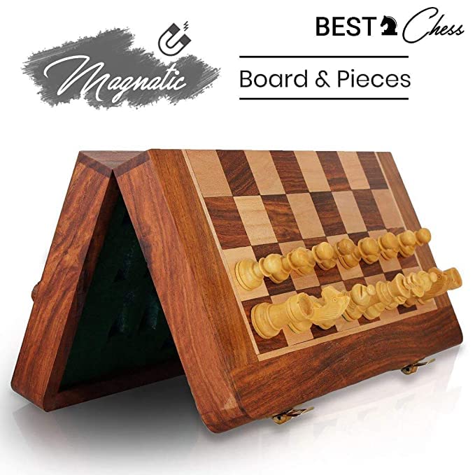 BCBESTCHESS Handcrafted Rosewood Unique Chess Board Set Foldable Secure Storage for Magnetic Pieces with Extra Queens Chess Set for 2 Players Kids and Adults (14 x 14 Inches, Brown)