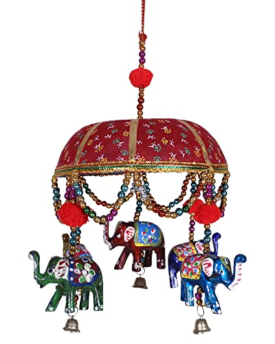 Urbane Home Rajasthani Traditional Windchimes|Handcrafted Latkan|Toran With 5 Decorative Hanging Elephants (Red)