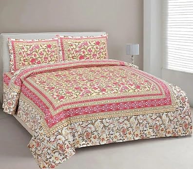 JaipurToHome 220 TC 100% Pure Cotton Bedsheet for Double Bed King Size, Jaipuri Print Double Bedsheet with 2 Pillow Covers - (88.5x107.5 inch. Multi) (Cream)