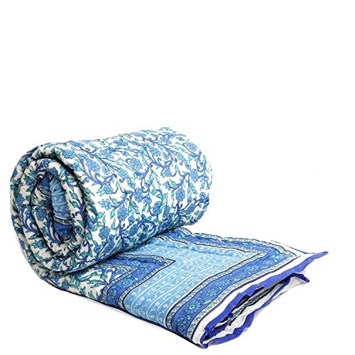 SVT Traditional Famous Jaipuri Beautiful Floral Print in White Blue Jaipuri Rajai/Razai/Quilt Single/Single Bed Quilt/Comforter/AC Quilt/AC Comforter(Set of 2)