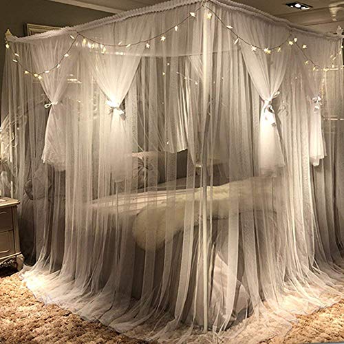 DIVAYANSHI 4 Corners Post Canopy Polycotton Floral Bed Curtain (White, 86" W*78" L*82" H)