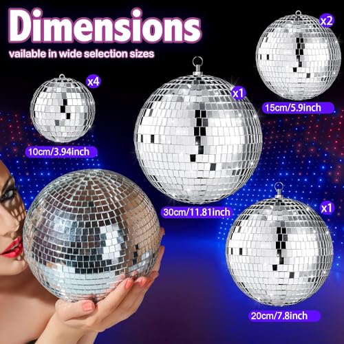 The Glamorous Silver Mirror Disco Balls with Elegant Hanging Rings - Elevate Your Event with These Stunning 12'', 8'', 6'', and 4 Inch