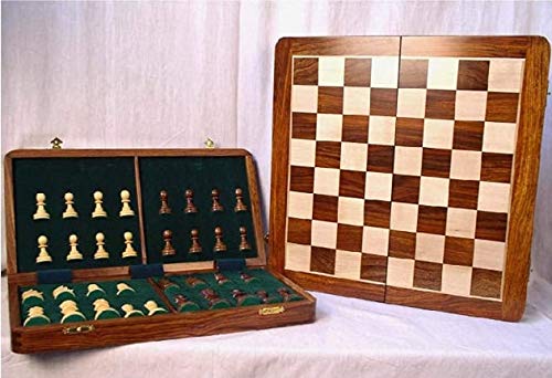 BCBESTCHESS Wooden Handcrafted Foldable Magnetic Chess Board Set with Extra Magnetic Pieces Extra Queens for 2 Players Kids and Adults (16x16 Inches, Brown)