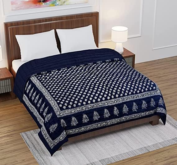 fashhub World Famous Jaipuri Light Weight Pure Cotton Traditional Rajasthani Print White Colour Double Bed Quilt/Razai/Rajai (Blue Dai Gold, Double)