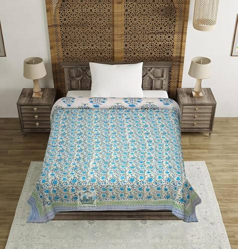 PINAARAS INTERIOR Hand Block Floral Prints Cotton Quilts/Razai/Rajai - FIROZI (Floral, Single Bed)