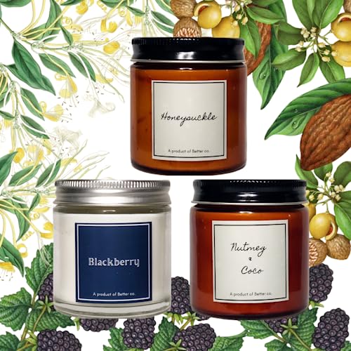 Better co Scented Soy Wax Amber Jar Candle Organic Luxury Aroma Burning Time Upto 20 Hours. Combo Pack of 3. Honeysuckle BlackBerry and Nutmeg + Coco