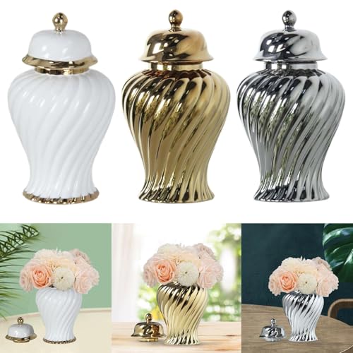 ILSMYSUTRA® Ceramic Flower Vase Ceramic Ginger Jar with Lid for Bookshelf Party Entrance White