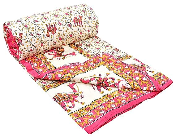 EMIOUR 400 TC Pure Cotton Traditional Jaipuri Design Printed Light Weight Single Bed Quilt/Razai/Rajai - 85 x 55 Inches