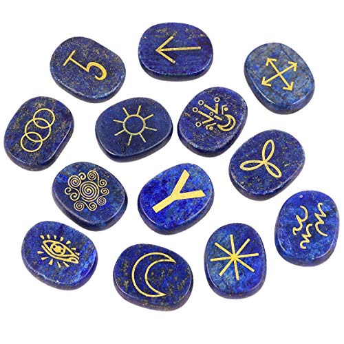 SUNYIK Natural Engraved Runes Stone Set of 13, Gypsy Symbols Healing Crystal Reiki Pocket Palm Stones Kit for Meditation Divination, Lapis Lazuli