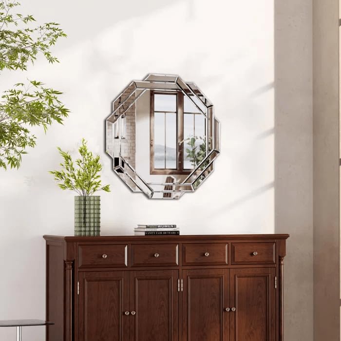 ARTESSA Modern Designer Round Mirror for Living Room with Wooden Back (100 x 100 CM)