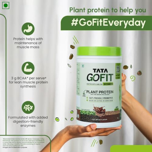 Tata GoFit Plant Protein Powder, Pea & Brown Rice Blend, 18g Protein, Café Mocha Flavour, 1kg (40 Serves), No Soy, No Lactose, No Added Sugar, Vegan