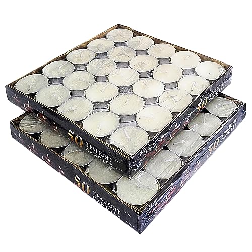 ADD GEAR Tealight Candles – 2.5 Hour Burn Time - White Paraffin Wax - Smokeless Dripless Votive Candles (Round) (Pack of 100)